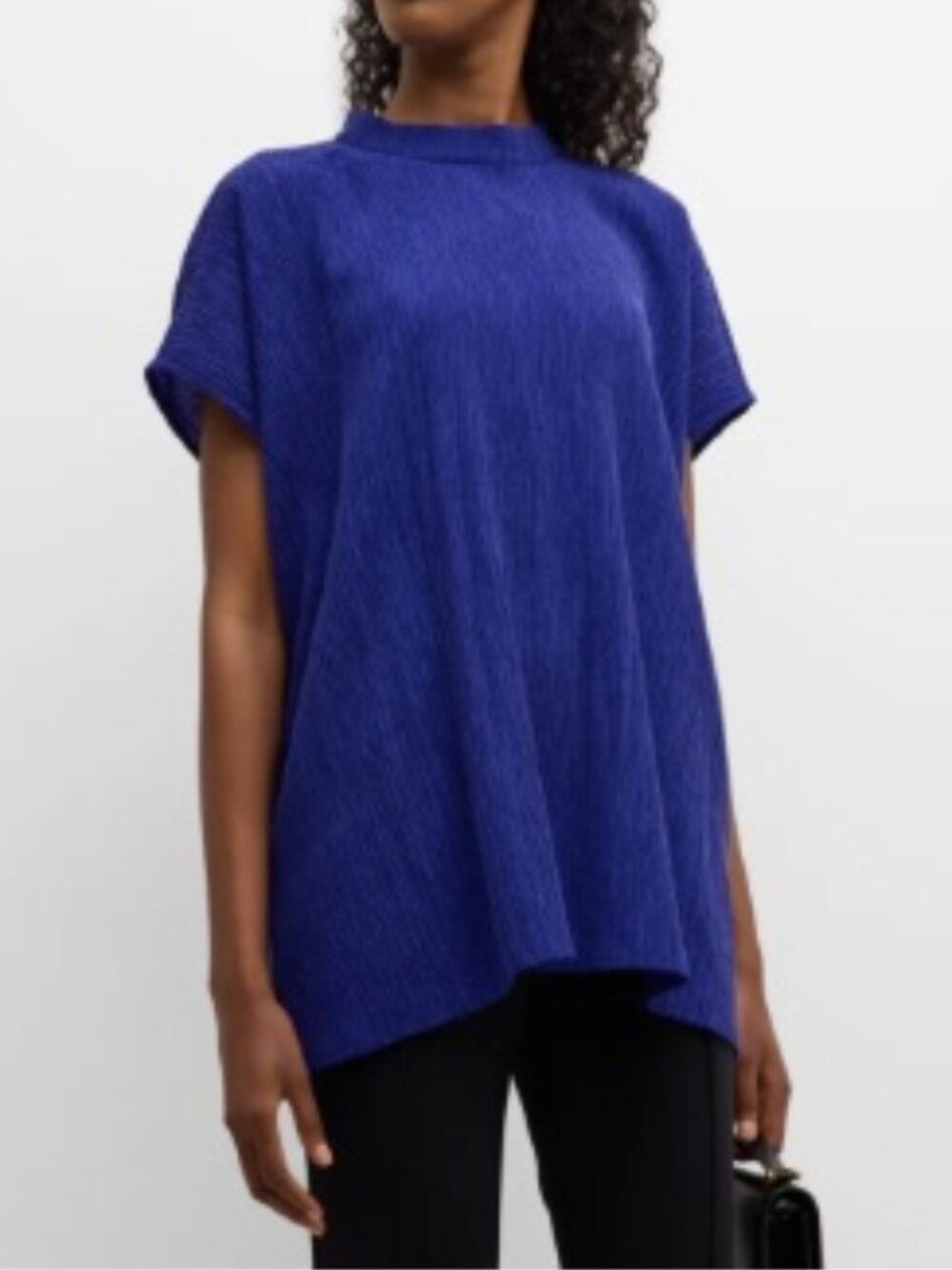 Eileen Fisher Blue Violet Woven Plissé Mock Neck Square Top Size Large
